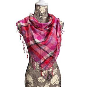 Lightweight Multicolor Pink Triangle Metallic Scarf Fringe Viscose Blend OS